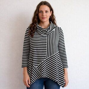 Premise Studio Top size M Black Striped Long Sleeve Asymmetric Hem Cowl Neck